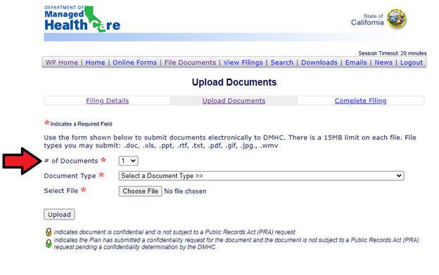 Screenshot of Upload Documents page with arrow pointing to Number of Documents drop down menu.